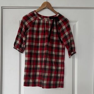 Bonpoint Red and Cream Plaid Cotton Dress with Ribbon Tie